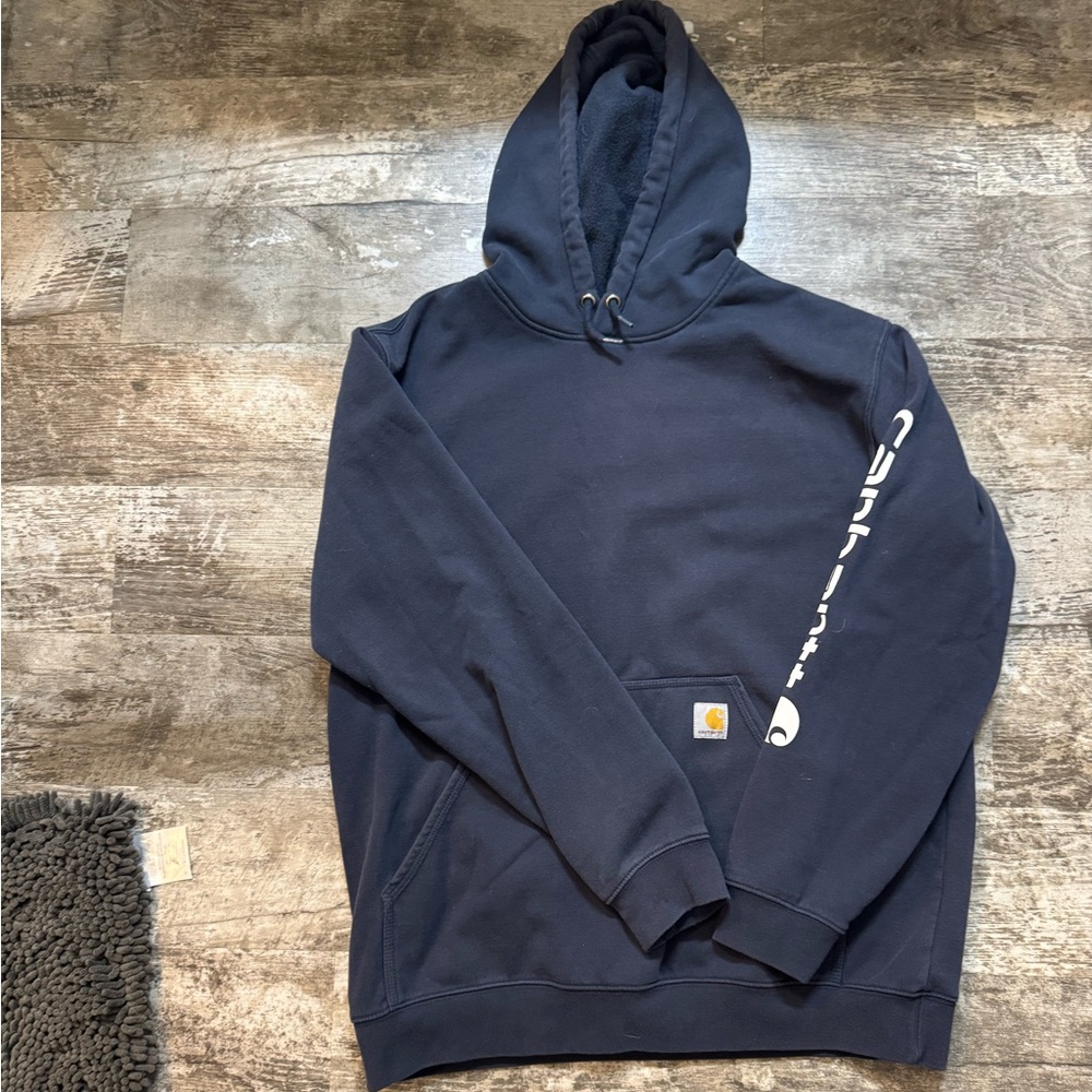 Carhartt Midweight Signature Sleeve Logo Hooded Sweatshirt - XL - Navy Blue